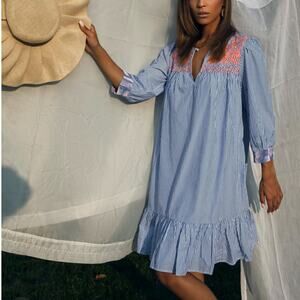 J.CREW 100% Cotton Stripe Embroidered Ruffle Dress Size S